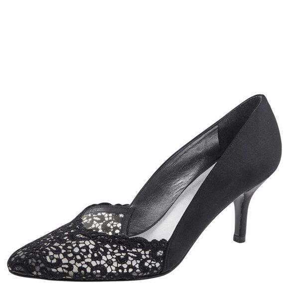 Stuart Weitzman Black Satin And Lace Almond Toe Pumps Size 38